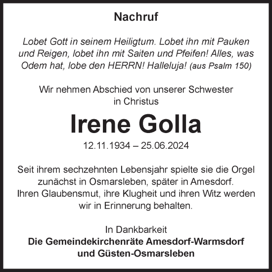Traueranzeige von Irene Golla von Volksstimme Staßfurt