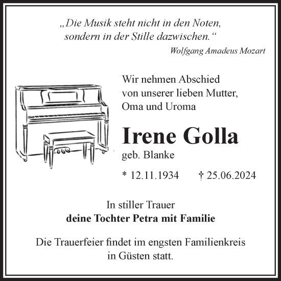 Traueranzeige von Irene Golla 