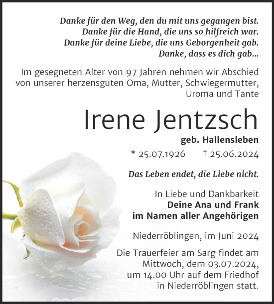 Traueranzeige von Irene Jentzsch von Mitteldeutsche Zeitung Sangerhausen