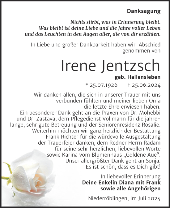 Traueranzeige von Irene Jentzsch von Trauerkombi Sangerhausen