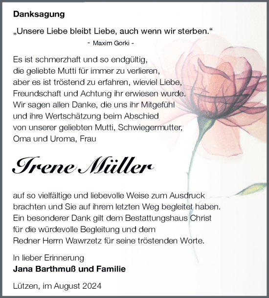 Traueranzeige von Irene Müller von Trauerkombi Weißenfels
