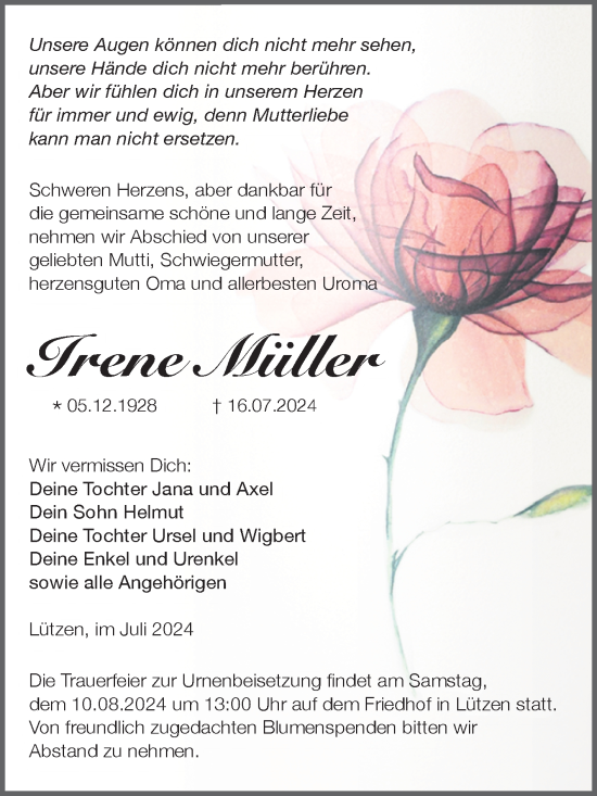Traueranzeige von Irene Müller von Trauerkombi Weißenfels