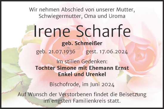 Traueranzeige von Irene Scharfe von Trauerkombi Mansfelder Land