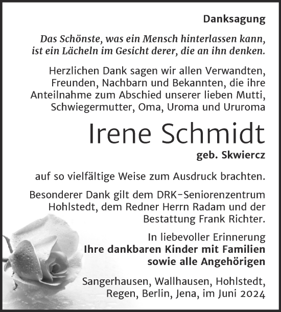 Traueranzeige von Irene Schmidt von Trauerkombi Sangerhausen