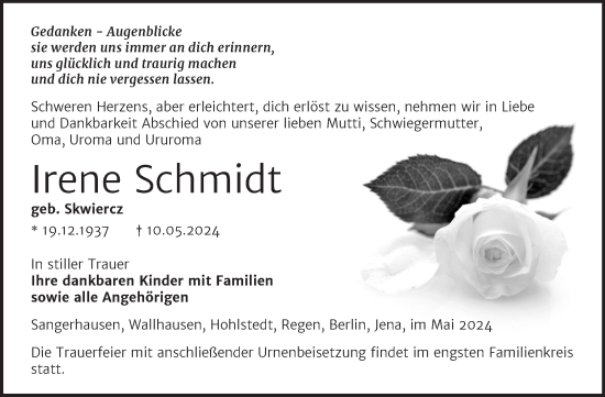 Traueranzeige von Irene Schmidt von Trauerkombi Sangerhausen