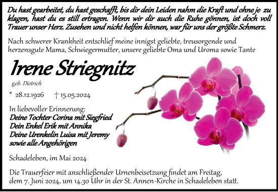Traueranzeige von Irene Striegnitz von Trauerkombi Aschersleben