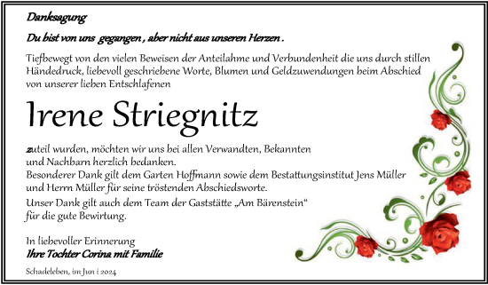Traueranzeige von Irene Striegnitz von Trauerkombi Aschersleben