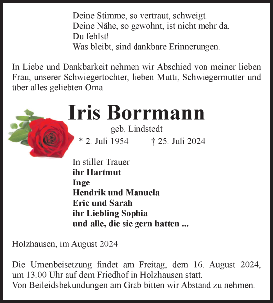 Traueranzeige von Iris Borrmann von Volksstimme Altmark Ost