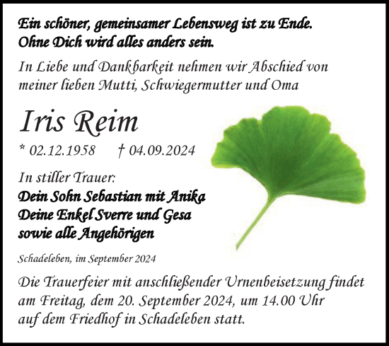 Traueranzeige von Iris Reim von Trauerkombi Aschersleben