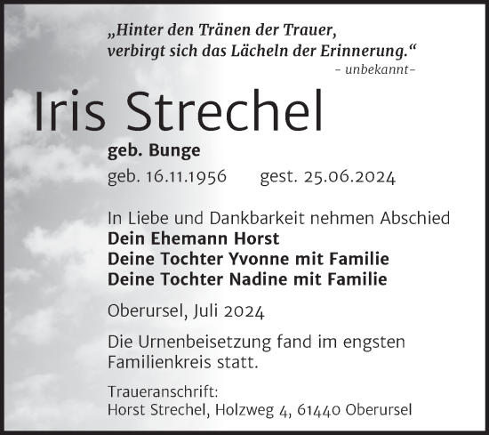 Traueranzeige von Iris Strechel von Trauerkombi Bernburg