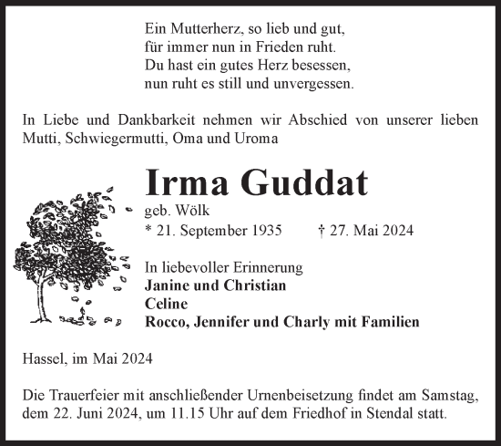 Traueranzeige von Irma Guddat von Volksstimme Altmark Ost