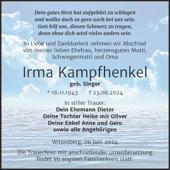 Traueranzeige von Irma Kampfhenkel von Trauerkombi Wittenberg