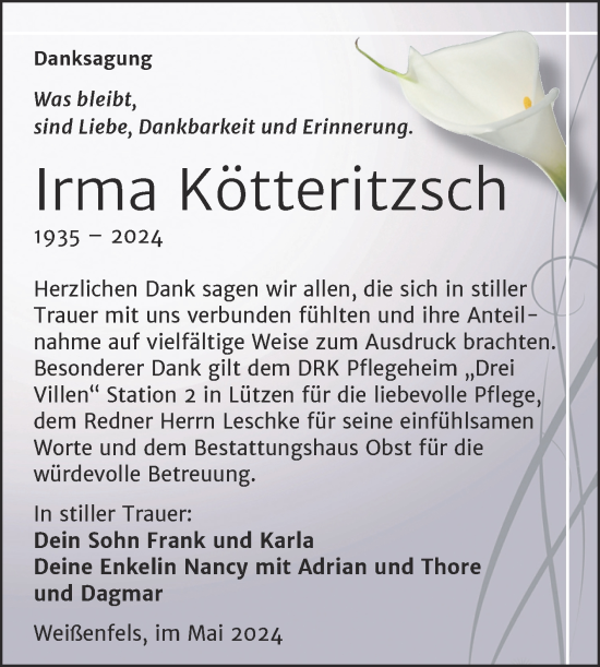 Traueranzeige von Irma Kötteritzsch von Trauerkombi Weißenfels