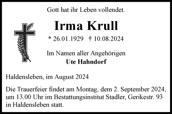 Traueranzeige von Irma Krull von Volksstimme Haldensleben/Wolmirstedt