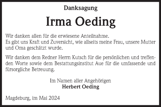 Traueranzeige von Irma Oeding von Volksstimme Magdeburg