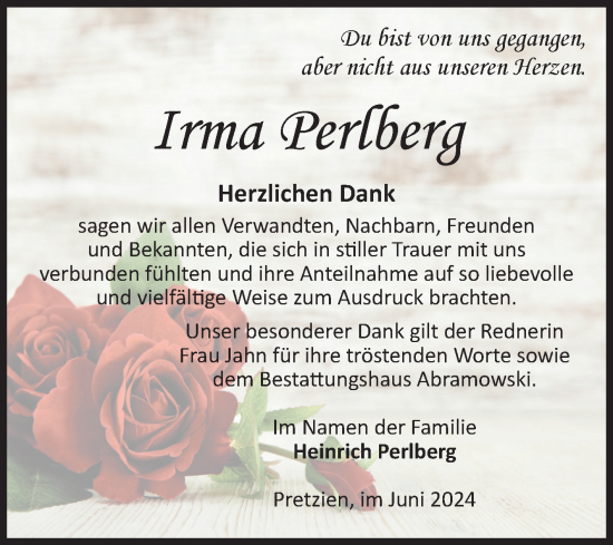 Traueranzeige von Irma Perlberg von Volksstimme Schönebeck