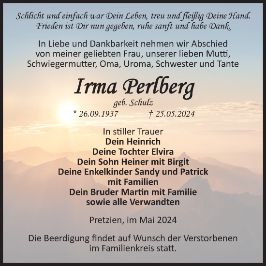 Traueranzeige von Irma Perlberg von Volksstimme Schönebeck
