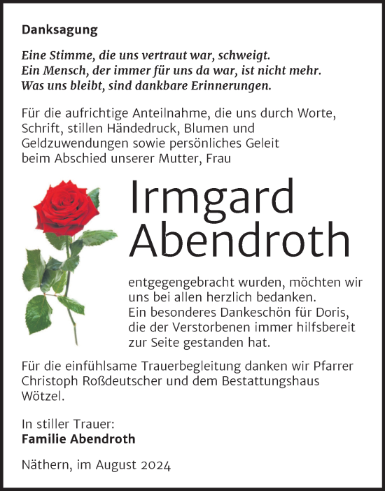 Traueranzeige von Irmgard Abendroth von Trauerkombi Zeitz