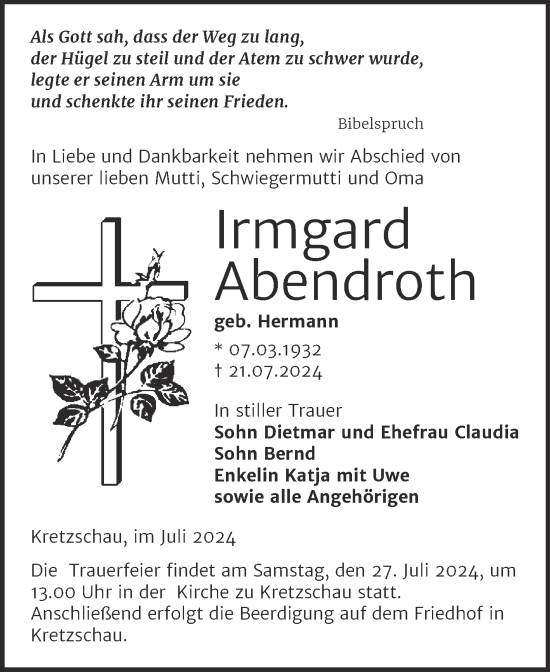 Traueranzeige von Irmgard Abendroth von Trauerkombi Zeitz