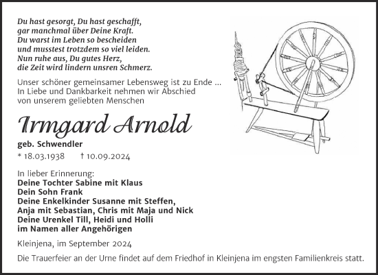 Traueranzeige von Irmgard Arnold von Super Sonntag Naumburg/Nebra