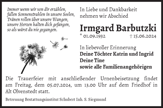 Traueranzeige von Irmgard Barbutzki von Volksstimme Magdeburg