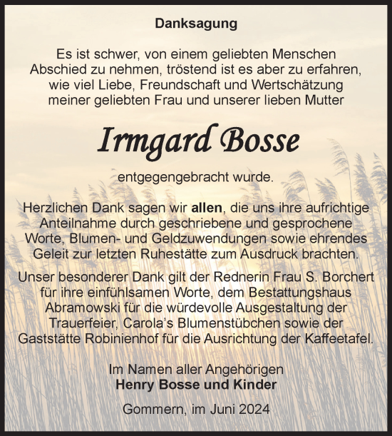 Traueranzeige von Irmgard Bosse von Volksstimme Burg/Genthin