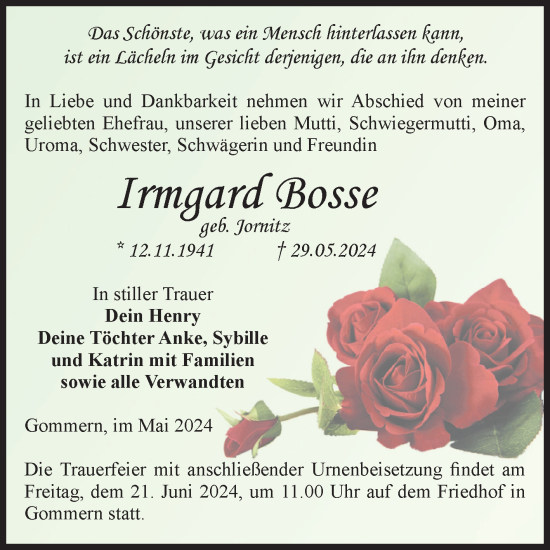 Traueranzeige von Irmgard Bosse von Volksstimme Burg/Genthin