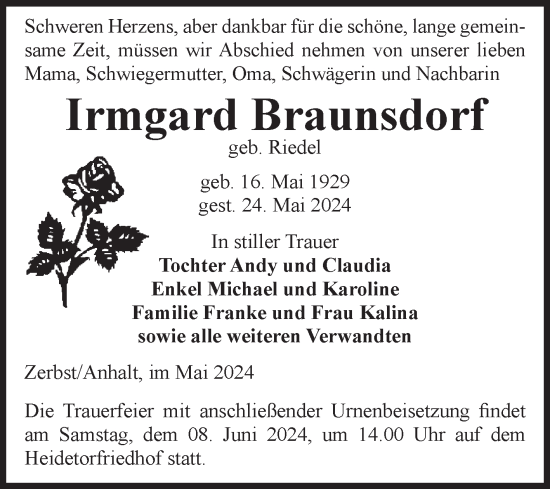 Traueranzeige von Irmgard Braunsdorf von Volksstimme Zerbst