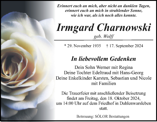 Traueranzeige von Irmgard Charnowski von Volksstimme Haldensleben/Wolmirstedt