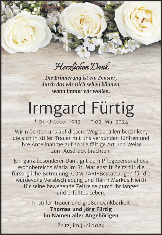 Traueranzeige von Irmgard Fürtig von Trauerkombi Zeitz