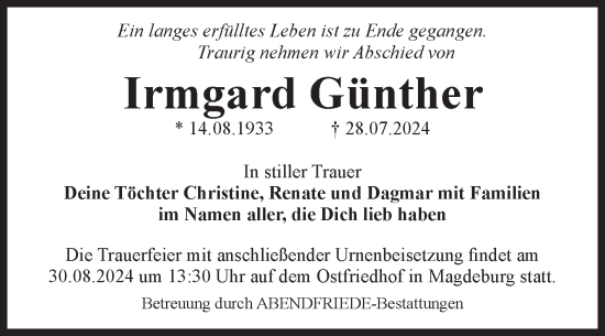 Traueranzeige von Irmgard Günther von Volksstimme Schönebeck