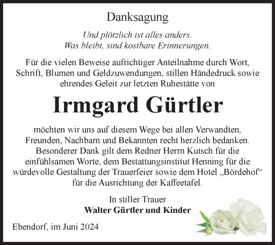 Traueranzeige von Irmgard Gürtler von Volksstimme Haldensleben/Wolmirstedt