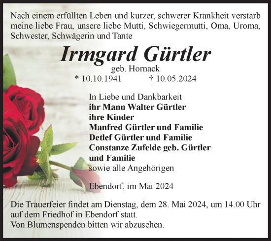 Traueranzeige von Irmgard Gürtler von Volksstimme Haldensleben/Wolmirstedt