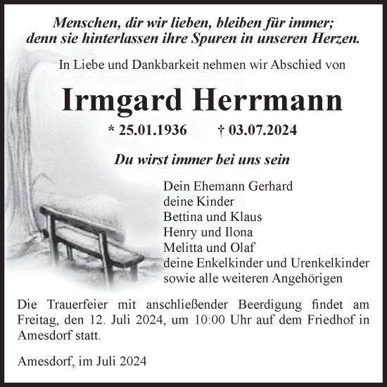 Traueranzeige von Irmgard Herrmann von Volksstimme Staßfurt
