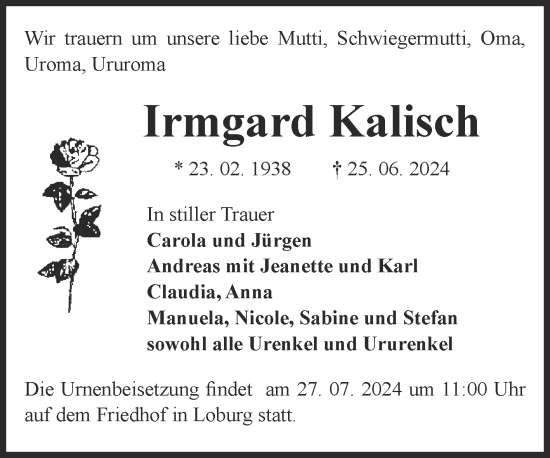 Traueranzeige von Irmgard Kalisch von Volksstimme Zerbst
