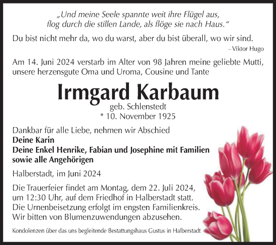 Traueranzeige von Irmgard Karbaum von Trauerkombi Weißenfels