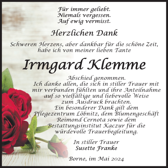 Traueranzeige von Irmgard Klemme von Volksstimme Staßfurt