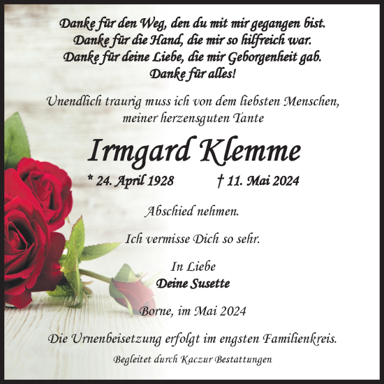 Traueranzeige von Irmgard Klemme von Volksstimme Staßfurt