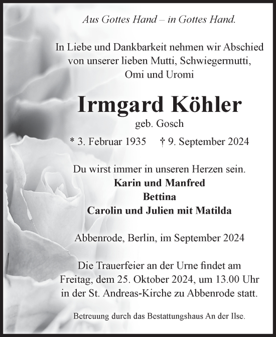 Traueranzeige von Irmgard Köhler von Volksstimme Wernigerode