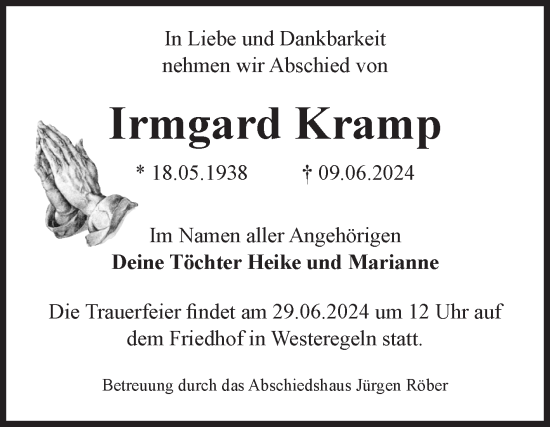 Traueranzeige von Irmgard Kramp von Volksstimme Staßfurt