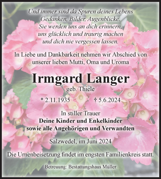 Traueranzeige von Irmgard Langer von Volksstimme Altmark West