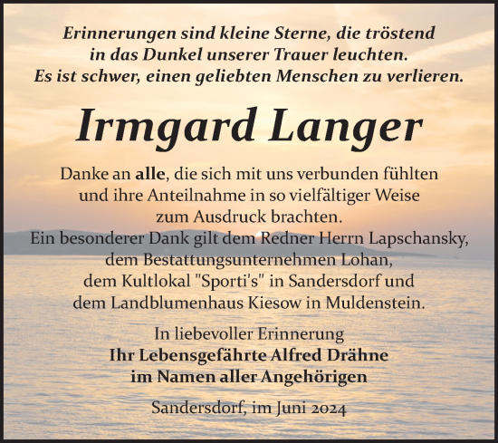 Traueranzeige von Irmgard Langer von Trauerkombi Bitterfeld