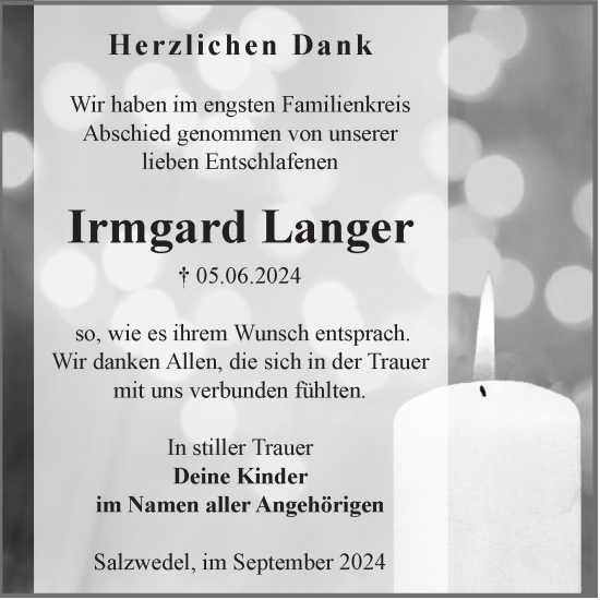 Traueranzeige von Irmgard Langer von Volksstimme Altmark West