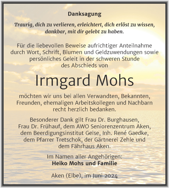 Traueranzeige von Irmgard Mohs von Trauerkombi Köthen