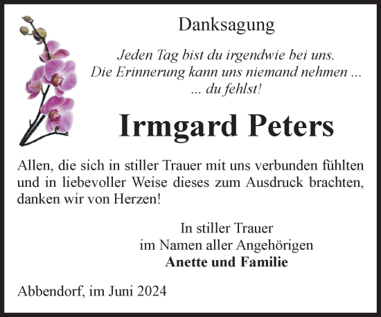 Traueranzeige von Irmgard Peters von Volksstimme Altmark West