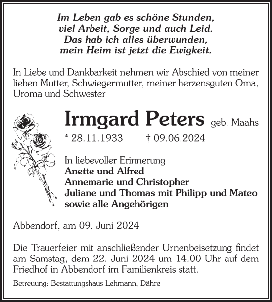 Traueranzeige von Irmgard Peters von Volksstimme Altmark West