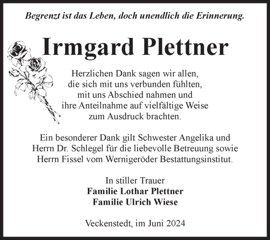 Traueranzeige von Irmgard Plettner von Volksstimme Wernigerode