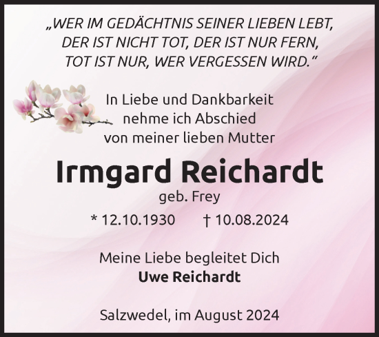 Traueranzeige von Irmgard Reichardt von Volksstimme Altmark West