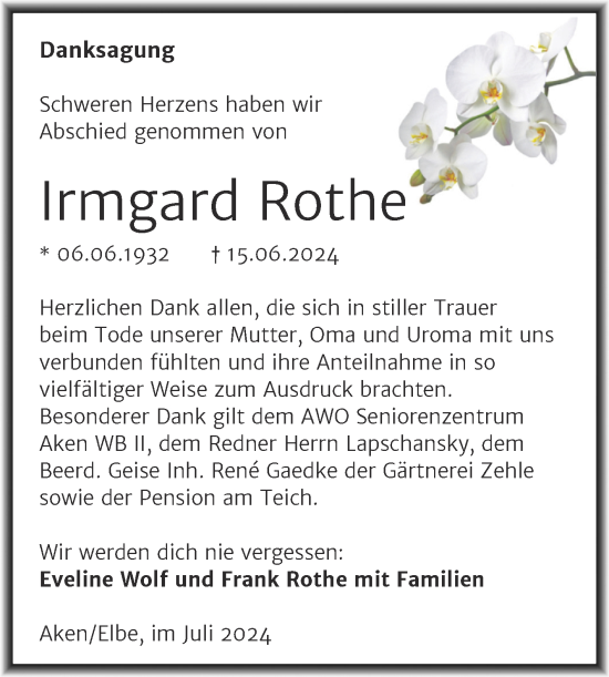 Traueranzeige von Irmgard Rothe von Trauerkombi Wittenberg
