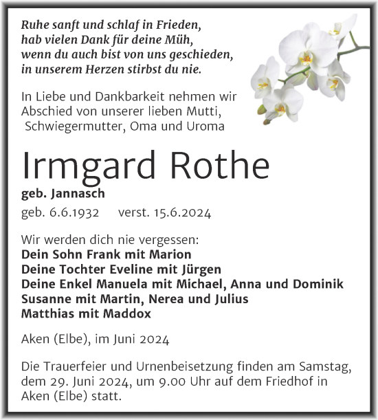 Traueranzeige von Irmgard Rothe von Trauerkombi Köthen